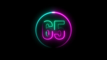 Abstract glowing neon number 65 background 4k illustration.
