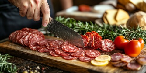 Obraz premium Woman preparing meal by cutting salami and vegetables