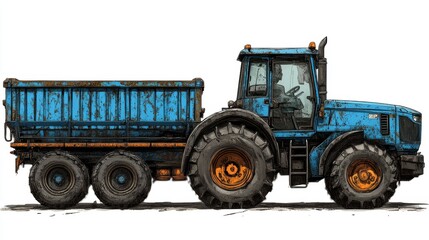 Fototapeta premium Blue Farm Tractor with Trailer Illustration Agricultural Machinery Rural Transport Heavy Duty