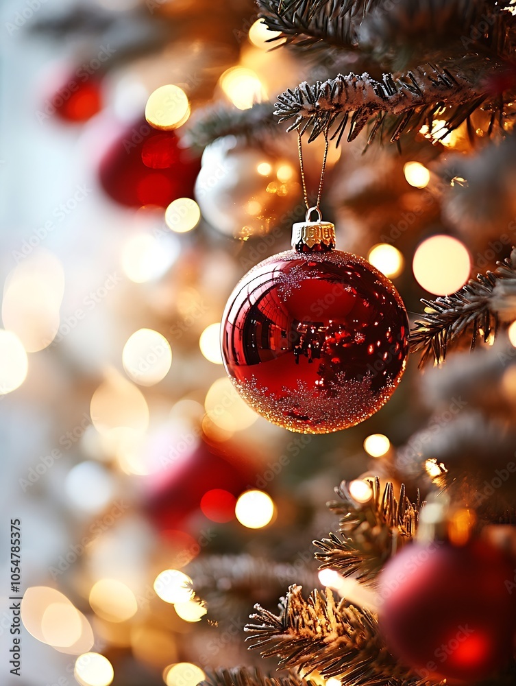 Poster festive christmas tree with red ornament and sparkling bokeh lights in cozy holiday setting : genera