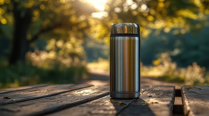 A stainless steel thermos sits on a wooden table in nature.