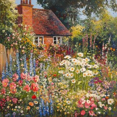 Obraz premium Cottage garden with wildflowers and herbs