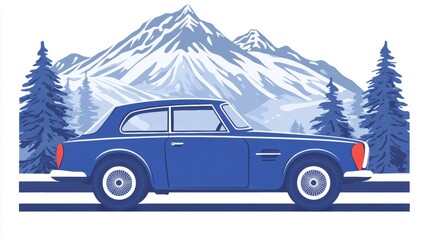 Vintage Blue Car in Snowy Mountain Landscape Illustration