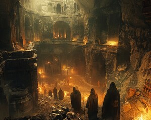 A group of adventurers stand in awe as they discover an ancient mural in a hidden cave, which seems to shimmer with otherworldly energy The camera hovers, capturing the intricate details