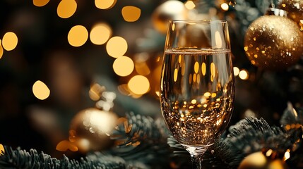 Luxurious Champagne Glass with Gold Decorations and Warm Lights for Sophisticated Gatherings : Generative AI