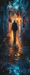 Obraz premium A mysterious figure in a dark alley, surrounded by shimmering portals to alternate dimensions The individual raises their arms, creating ripples of distorted reality Scene