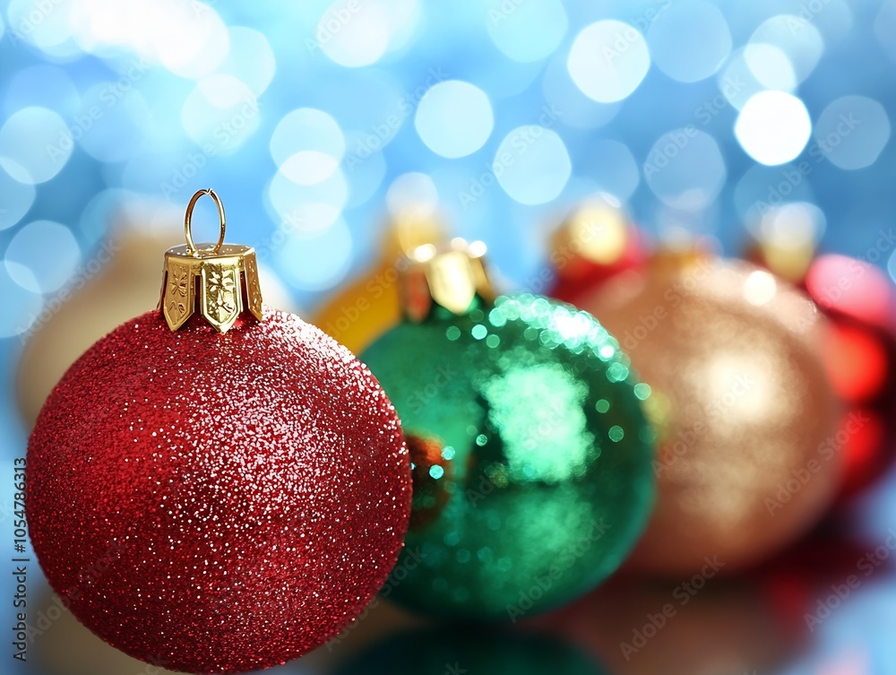 Poster vibrant christmas ornaments in red green and gold with blue bokeh effect : generative ai