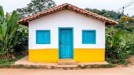 Colorful Rural House with Blue Door and Windows in Tropical Setting