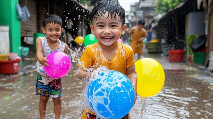 Children Enjoying Holi Festival with Water Balloons