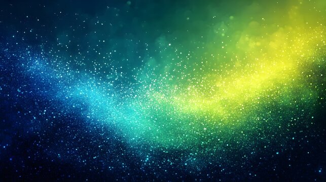An abstract cosmic background with a gradient of blue, green, and yellow colors, creating a dreamy atmosphere filled with sparkling particles.