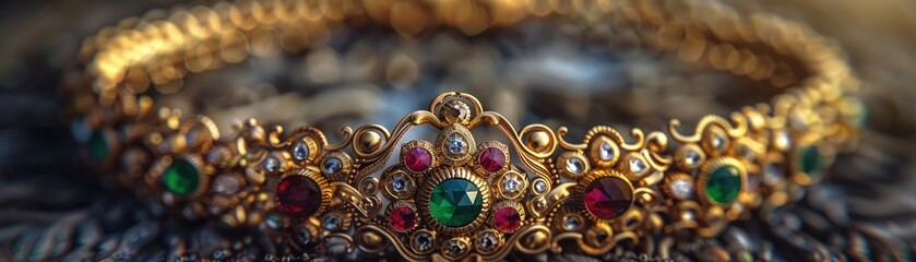 An ornate, antique gold necklace, with delicate filigree work and sparkling gemstones