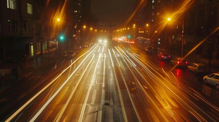 Obraz premium Street lamps traffic lights and car headlights merge to form a symphony of light trails in the heart of the urban jungle.