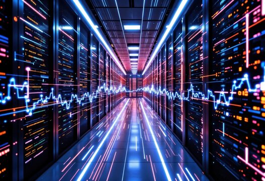 Futuristic Data Center with Digital Overlay