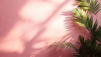 A palm leaf casts a shadow on a pink wall. This image is perfect for showcasing tropical themes or creating a calming, natural aesthetic.