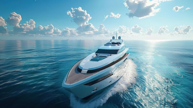 Bring maritime adventures to life through a digital CG 3D illustration of a sleek yacht sailing off into the horizon