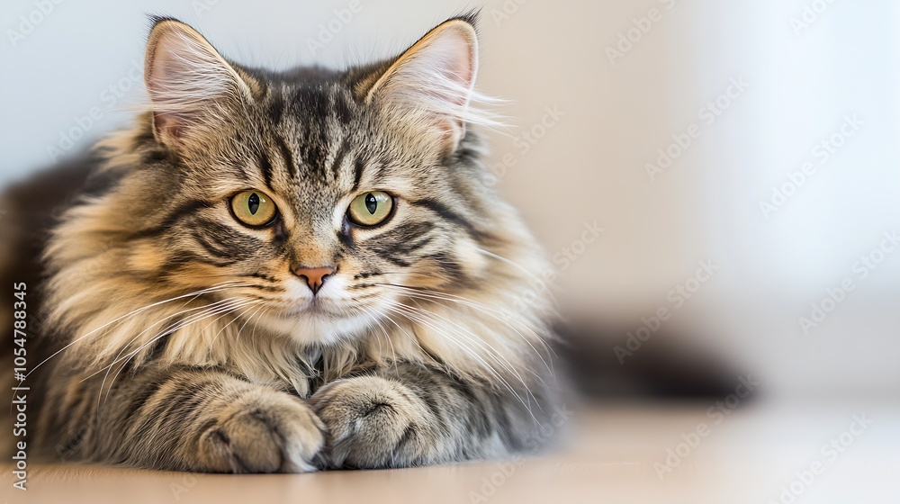 Poster fluffy maine coon cat lying on a soft surface in a bright indoor setting : generative ai