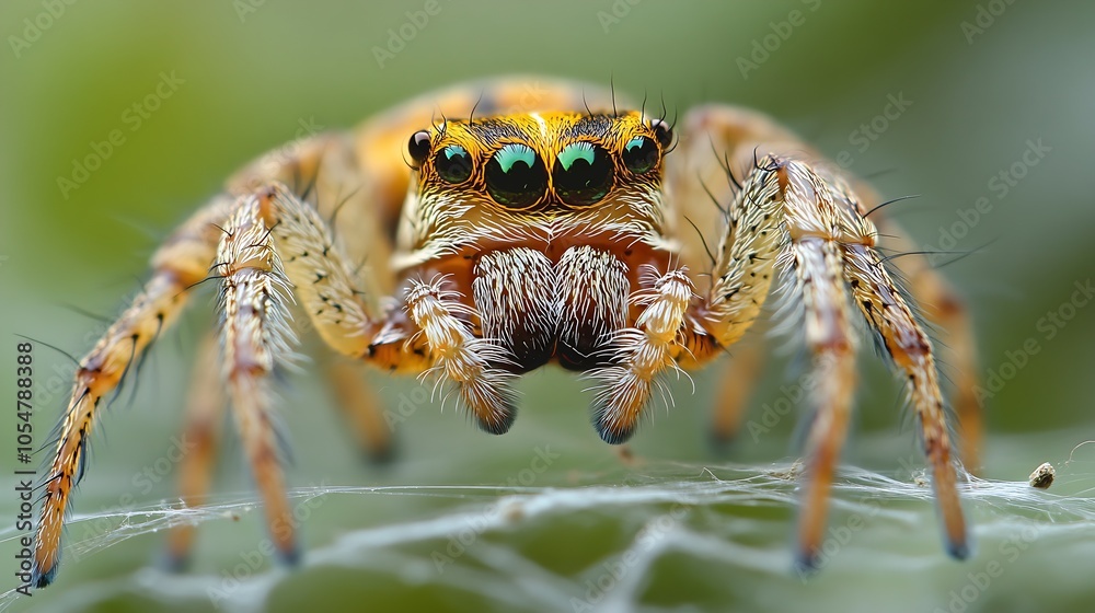 Poster Jumping Spider Macro with Vivid Colors and Unique Eye Details on Natural Green Backdrop : Generative AI