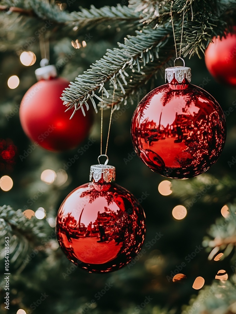 Poster CloseUp of Red Christmas Baubles on Evergreen Tree with Bokeh Lights : Generative AI