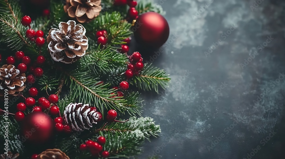 Aufkleber rustic christmas garland with red baubles and pinecones on stone texture background : generative ai