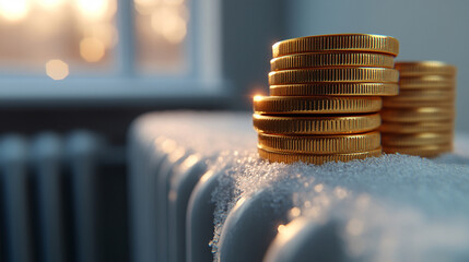 gold coins rest on a heating radiator, symbolizing rising energy costs and financial pressure. This image conveys the need to save or invest amidst rising heating expenses and inflation