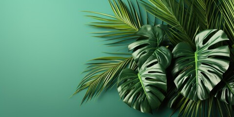 Fototapeta premium Lush green tropical leaves arranged against a light green background, perfect for a summery and refreshing design.
