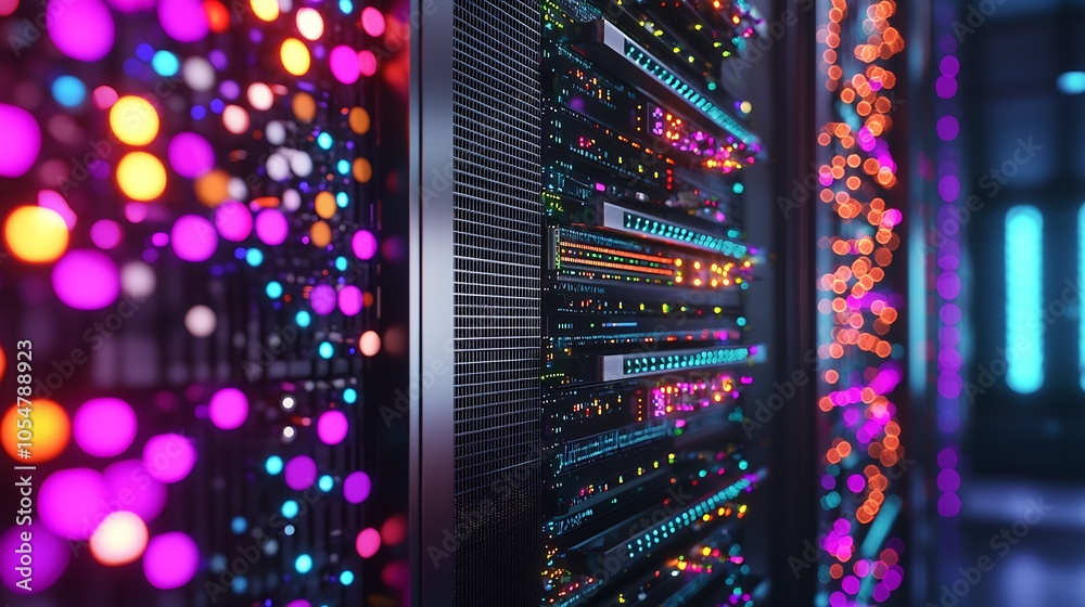 Poster Vibrant server room with colorful lights representing data flow and digital infrastructure : Generative AI