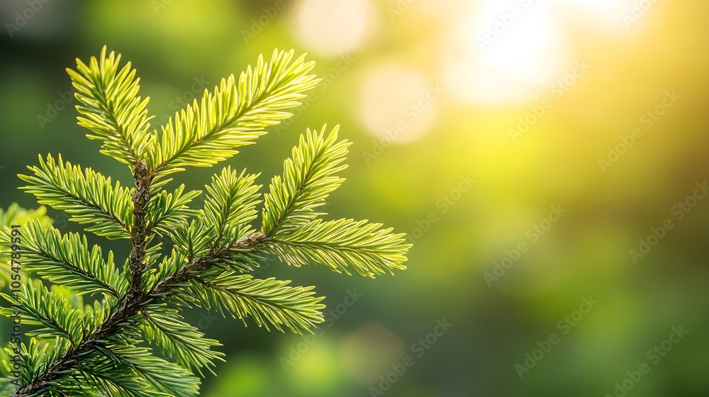 Poster Vibrant Green Pine Tree Branch in Sunlit Forest with Bokeh Background : Generative AI