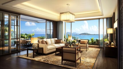 Fototapeta premium Luxurious Seaside Living Room Interior with Floor-to-Ceiling Windows
