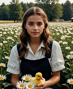 Retrato chica granjera con un patito entre sus manos en un campo de flores margaritas cerca de una granja