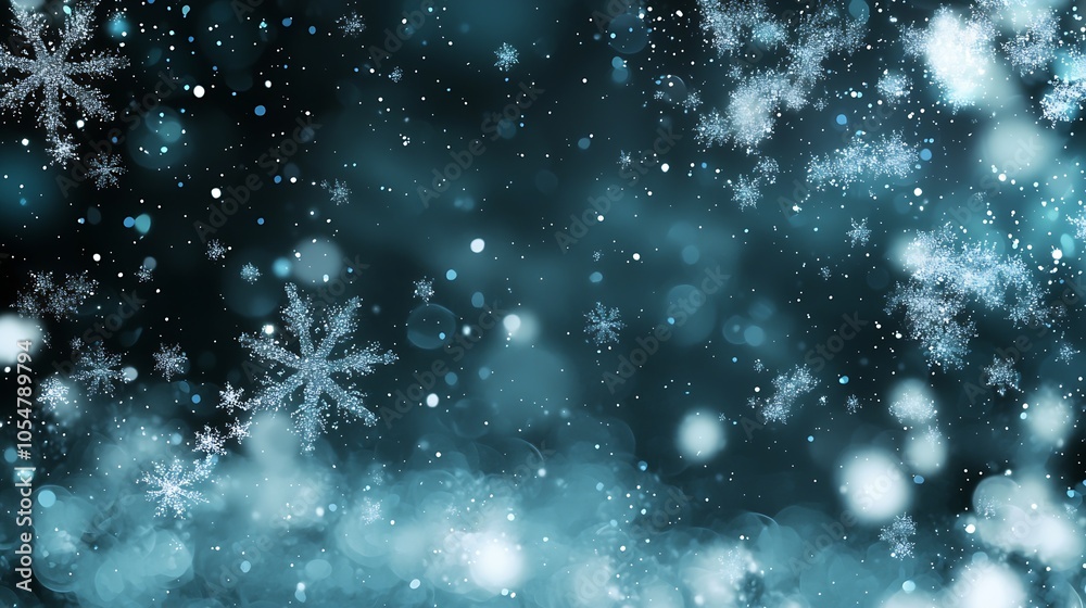 Poster whimsical winter snowfall with detailed snowflakes and dreamy bokeh background : generative ai
