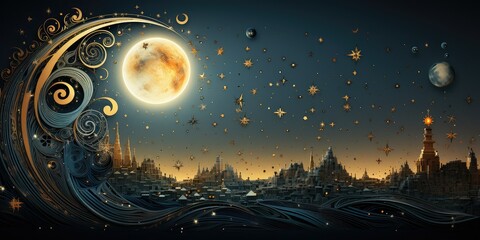 Naklejka premium A whimsical cityscape bathed in moonlight with a swirling pattern in the foreground, creating a magical nighttime scene.