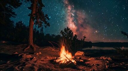 Naklejka premium A campfire crackling under a starry night sky in the wilderness