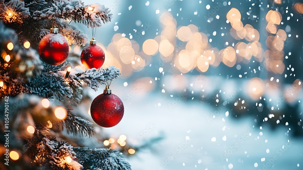 Poster snowy christmas tree branches with red baubles and twinkling background : generative ai