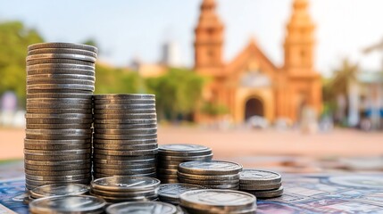 Stacks of Coins Reflecting Economic Growth Near Iconic Building : Generative AI