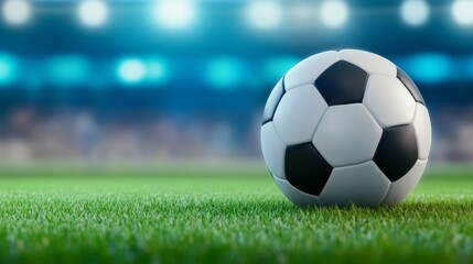 Obraz premium Soccer ball on vibrant green grass in a stadium, ready for the big game soccer