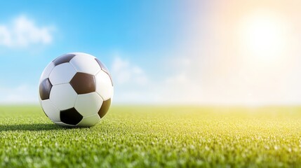 Fototapeta premium Vibrant blue sky meets lush green soccer field, a soccer ball awaits the beautiful game