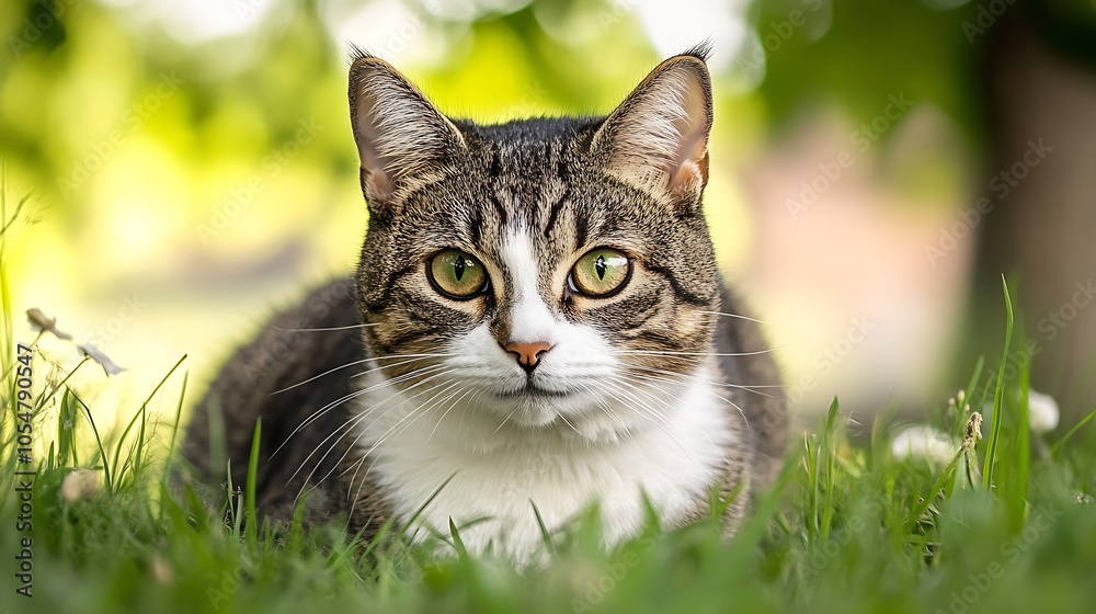 Poster calm tabby cat lounging on green grass with bright sunlit background : generative ai