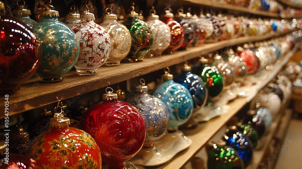 Poster Shelf Display of Colorful HandPainted Christmas Ornaments in Various Designs : Generative AI