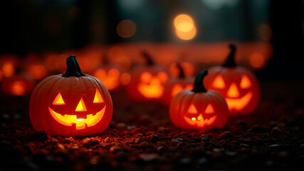 Lots of glowing pumpkins on the cobblestone driveway in town for Halloween day