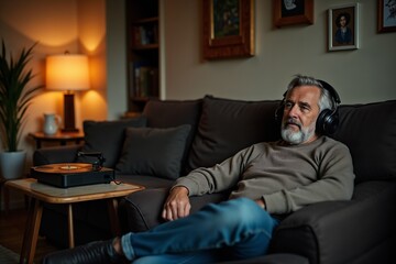 Senior Man Enjoying Music at Home with Vinyl Record Player in Cozy Living Room