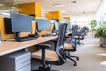 Contemporary Office with Row of Desks Open Layout and Bright Orange Walls : Generative AI