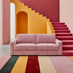 A stylish interior featuring a pink sofa, colorful stairs, and a striped rug.