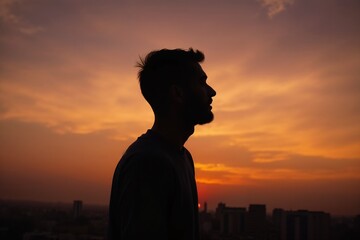 Silhouette of a Man Against a Vibrant Sunset Sky