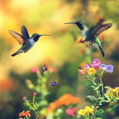 Fototapeta premium Garden with a butterfly and hummingbird focus
