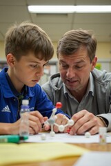Obraz premium A Young Student and Mentor Collaborating on a Molecular Model in a Classroom Setting