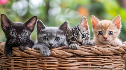 Four Colorful Kittens in Wicker Basket Enjoying Sunshine with Greenery Background : Generative AI