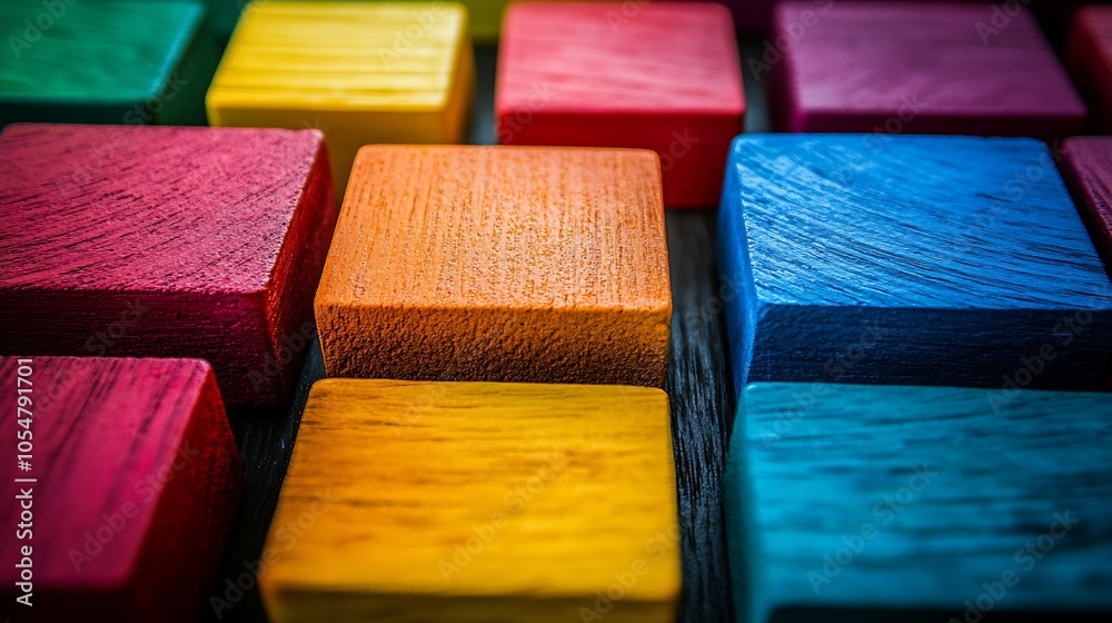 Poster Closeup of Vibrant Multicolored Wooden Blocks in Geometric Pattern : Generative AI