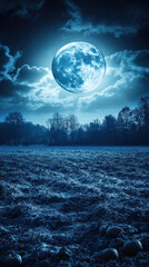 A large blue moon is shining in the sky above a field of pumpkins. The scene is serene and peaceful, with the moon casting a soft glow over the landscape