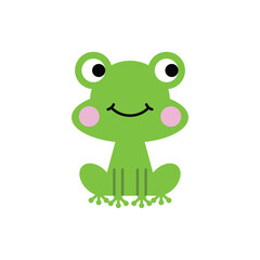 A green smiling childish frog is sitting. Cartoon style. Vector illustration.
