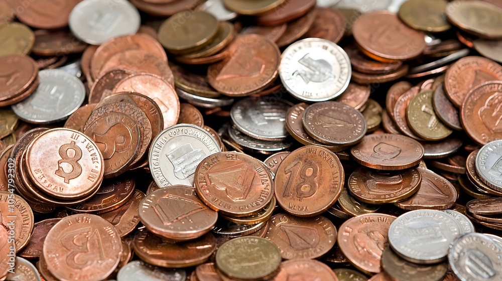 Poster closeup of various mixed coins in different currencies and designs : generative ai